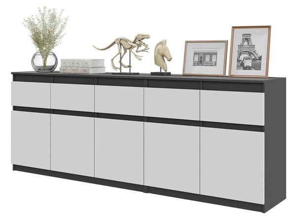 Komoda NOAH Antracit / Bílá Mat – Velká Komoda do Lonice s 5 Zásuvkami a 5 Dvíky, Set Komod 200 x V75 x H35 cm