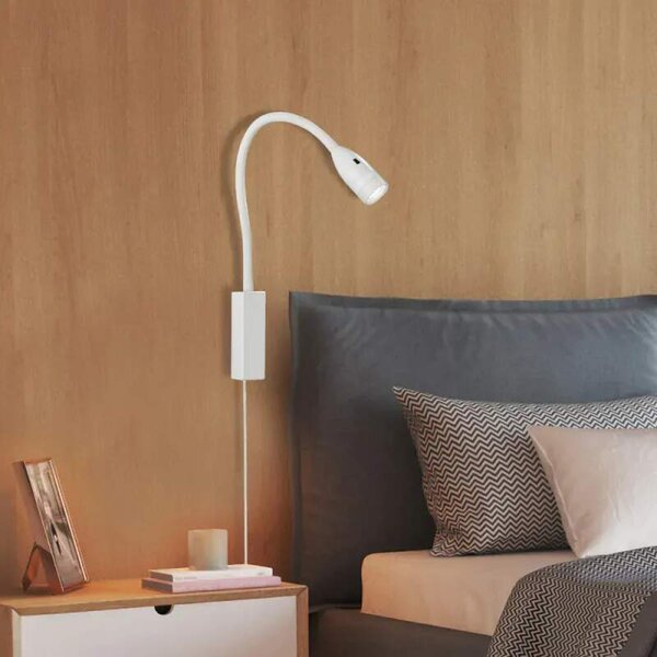 Fischer Honsel 30169 STEN - Nástěnná LED bílá čtecí lampička s husím krkem a bezdotykovým vypínačem, LED 5W, 420lm, 3000K (Čtecí bílá nástěnná lampa nejen do ložnice nad postel)