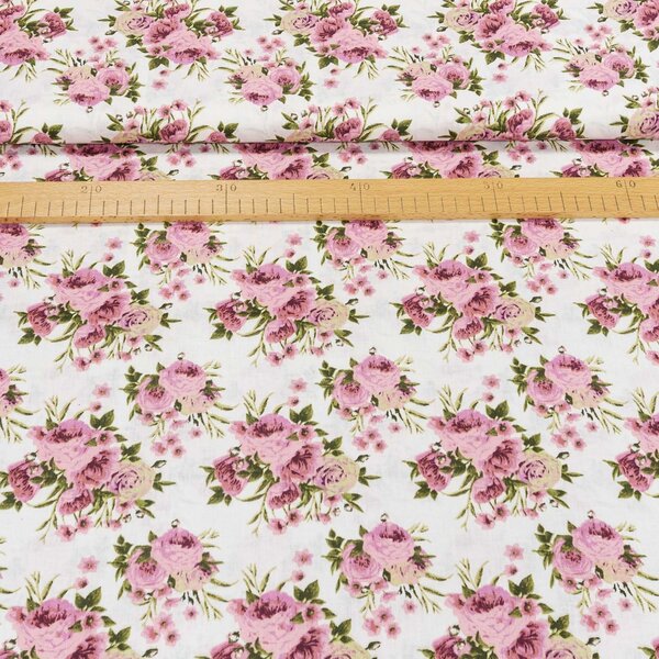 Bavlněné plátno POLO růžové růže na bílé, š.140cm (látka v metráži)