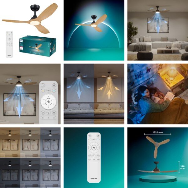 Stropní ventilátor se světlem LED 3000–6500K čierna, drevo IP20 PHILIPS Olas 8721103096128