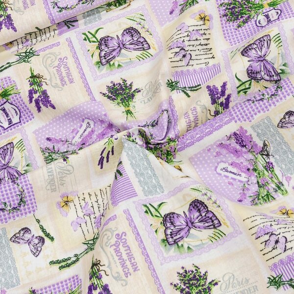 Bavlněné plátno POLO levandule a patchwork, fialová š.140cm (látka v metráži)