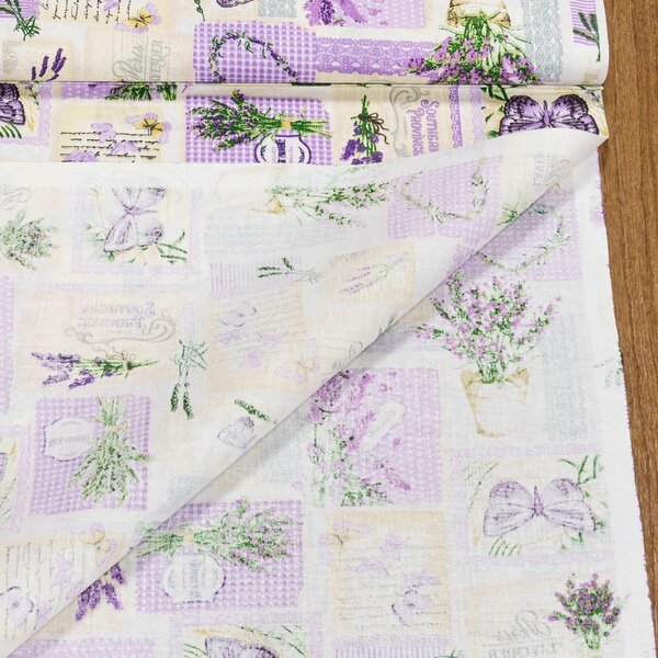 Bavlněné plátno POLO levandule a patchwork, fialová š.140cm (látka v metráži)