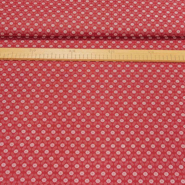 Bavlněné plátno POLO bílý kvítek a spirálky na červené, š.140cm (látka v metráži)