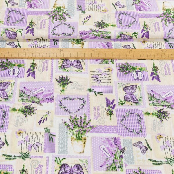 Bavlněné plátno POLO levandule a patchwork, fialová š.140cm (látka v metráži)