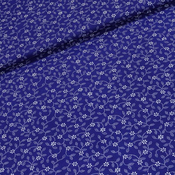Bavlněné plátno POLO bílé květinky s lístky na modré š.140cm (látka v metráži)