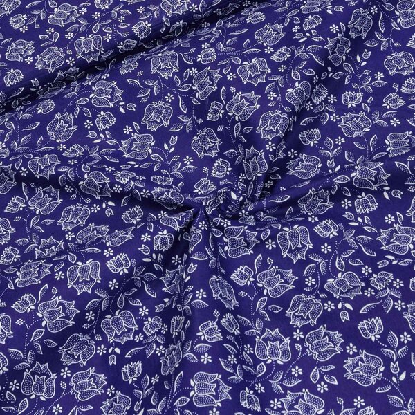Bavlněné plátno POLO FOLKLOR, bílé tulipány na modré, š.140cm (látka v metráži)