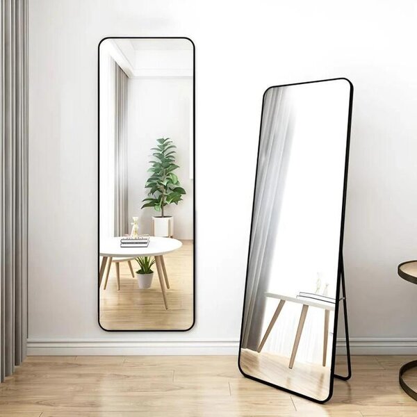 ModernHome Stojací zrcadlo 159 cm s možností zavěšení na zeď, hliníkový rám, černý