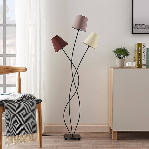 Lindby Stojací lampa Melis, 130 cm, třížárovková, textilní, Krémová / jantar, Obývací pokoj / jídelna, Textil / tkanina / hedvábí, Moderní