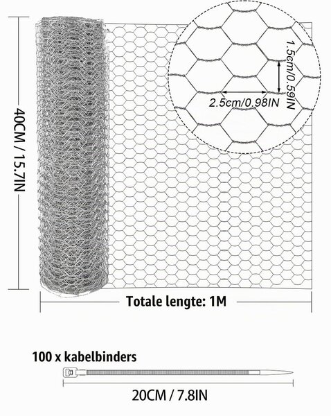 Šestihranná pozinkovaná kovová mříž, rozměry 40 cm x 100 cm, včetně 100 stahovacích pásek, určená pro oplocení a rostliny