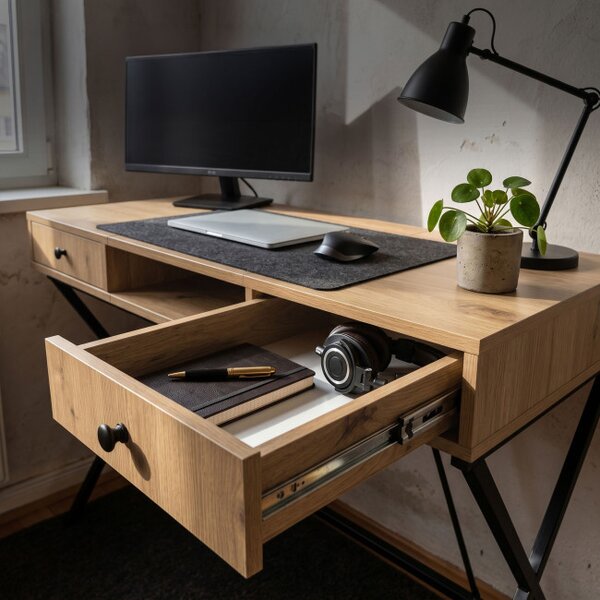 Kancelářský industriální stůl CROSSLINE dub Artisan / černé nohy