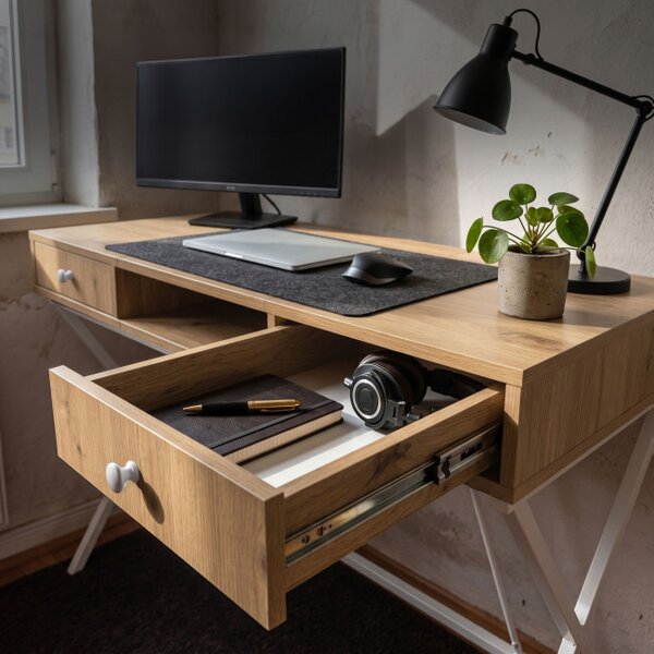 Kancelářský industriální stůl CROSSLINE dub Artisan / bílé nohy