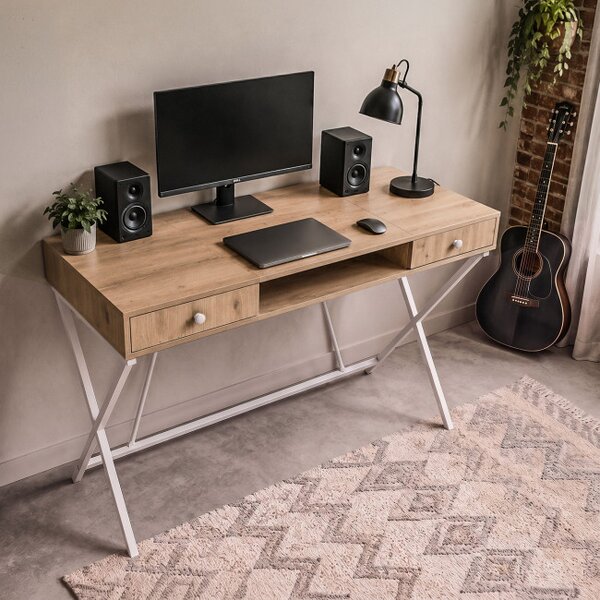 Kancelářský industriální stůl CROSSLINE dub Artisan / bílé nohy