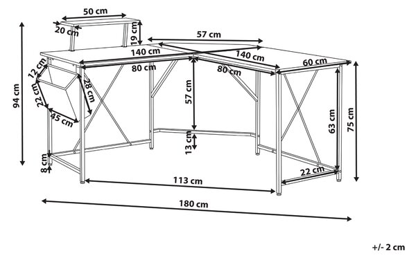 Rohový stůl TACONY Černá 180 cm 140 cm s úložným prostorem