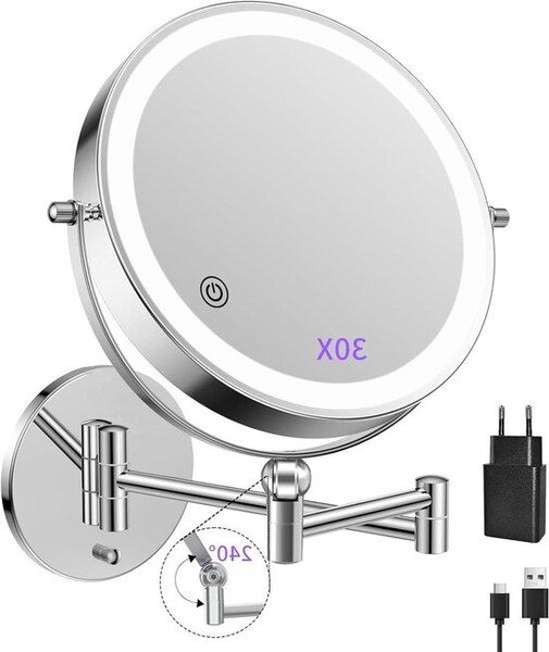 Nabíjecí kosmetické zrcadlo – osvětlené nástěnné zrcadlo – ideální pro detailní líčení – dotykové ovládání s 3 barvami – průměr 20 cm – černá barva