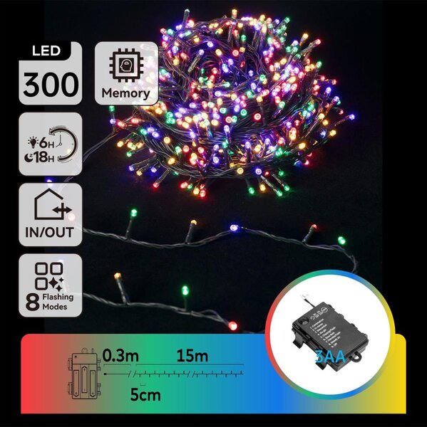 Aigostar -LED Venkovní řetěz 300xLED/8 funkcí 3xAA 15,3m IP44 multicolor