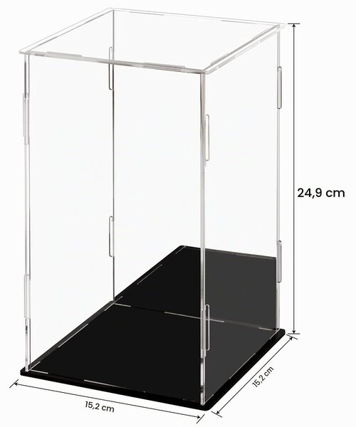 Průhledná akrylová vitrína se zrcadlem, rozměry 15,2 x 15,2 x 24,9 cm, poskytuje ochranu proti prachu