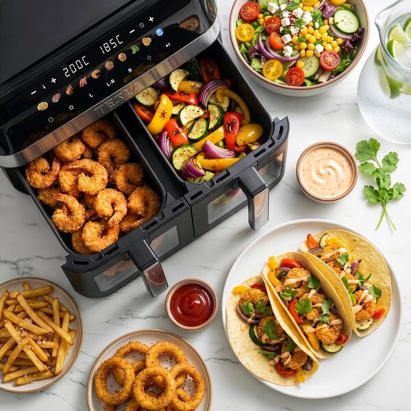 TESLA AirCook DualZone Q787 XXL Deluxe - multifunkční duální digitální horkovzdušná fritéza 2v1