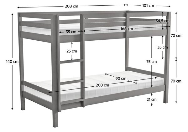 Dětská patrová postel 90 cm Invocato (šedá) (s roštem)