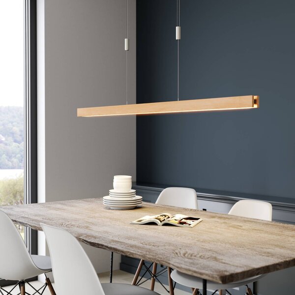 Quitani Závěsné svítidlo LED Alin, délka 138 cm, přírodní dub, stmívatelný, Světlé dřevo, Obývací pokoj / jídelna, Dřevo, Moderní