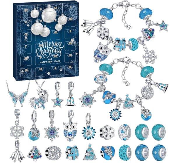 Adventní kalendář BLUE DIAMONDS s náramky, řetízky a přívěsky, modrá/stříbrná