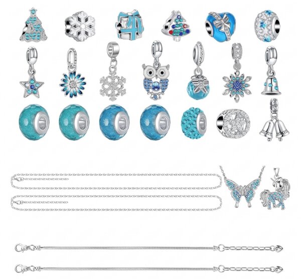 Adventní kalendář BLUE DIAMONDS s náramky, řetízky a přívěsky, modrá/stříbrná