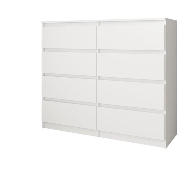 BEAUTYSOFA Komoda LEMON, 100 cm, bílá/bílá – Moderní komoda s 8 zásuvkami bez úchytek, vysoká komoda do ložnice, obývacího pokoje a chodby