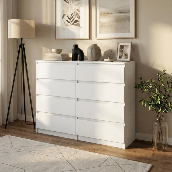 BEAUTYSOFA Komoda LEMON, 100 cm, bílá/bílá – Moderní komoda s 8 zásuvkami bez úchytek, vysoká komoda do ložnice, obývacího pokoje a chodby
