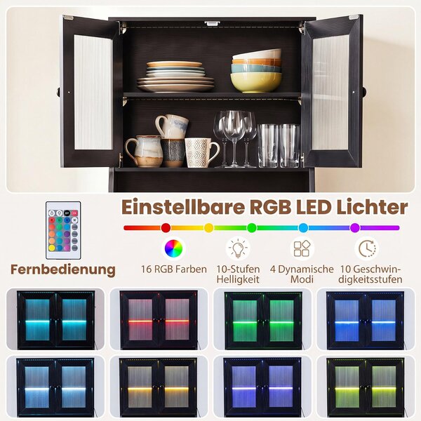 COSTWAY, kuchyňská skříňka o výšce 163 cm s pracovní deskou a LED osvětlením, komoda s 4 zásuvkami a 3 dvířky, úložná skříň do kuchyně z dřeva, vysoká skříň