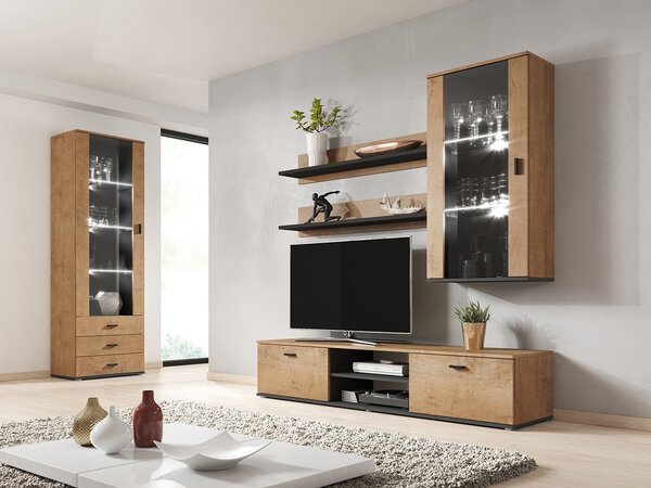 Obývací stěna Boho VI, Osvětlení: osvětlení LED - bílé, Barva: černý / černý lesk 5902928119251