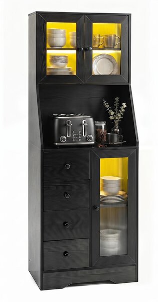 COSTWAY, kuchyňská skříňka o výšce 163 cm s pracovní deskou a LED osvětlením, komoda s 4 zásuvkami a 3 dvířky, úložná skříň do kuchyně z dřeva, vysoká skříň