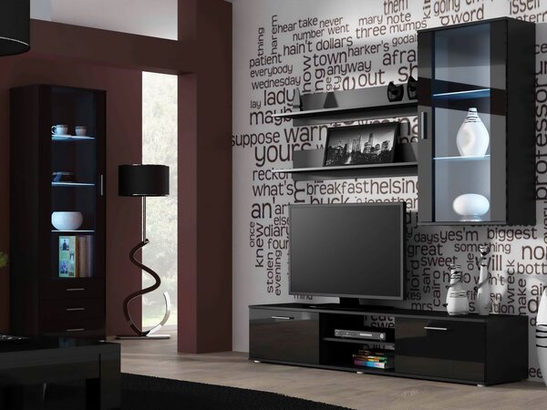 Obývací stěna Boho VI, Osvětlení: osvětlení LED - bílé, Barva: černý / černý lesk 5902928119251