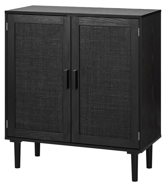 Komoda VEVOR 80 x 36 x 88 cm, ratanová skříňka se 2 magnetickými dvířky a nastavitelnými policemi, ratanová komoda s dřevěnými nohami a otvorem pro kabely, ideální do chodby, předsíně, obývacího pokoje, černá