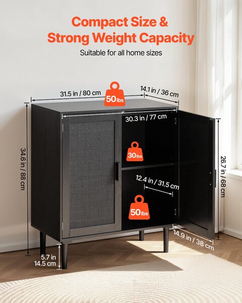 Komoda VEVOR 80 x 36 x 88 cm, ratanová skříňka se 2 magnetickými dvířky a nastavitelnými policemi, ratanová komoda s dřevěnými nohami a otvorem pro kabely, ideální do chodby, předsíně, obývacího pokoje, černá