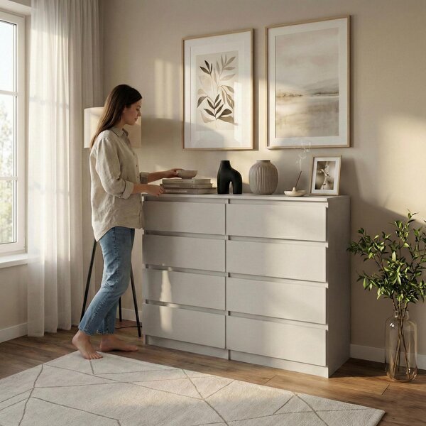 BEAUTYSOFA Komoda LEMON, 100 cm, materiál: Kashmír/Kashmír – Moderní komoda s 8 zásuvkami bez úchytek, vysoká komoda vhodná do ložnice, obývacího pokoje a chodby
