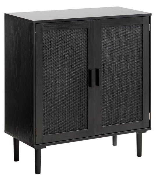 SucceBuy Sideboard 80 x 36 x 88 cm, skříňka s ratanovými detaily, 2 magnetickými dvířky a nastavitelnými policemi, komoda s dřevěnými nohami a otvorem pro kabel, vhodná do chodby, vstupní haly, obývacího pokoje, černá