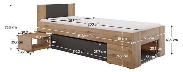 Jednolůžková postel 90 cm Uniforme (dub artisan + antracit) (s úl. prostorem)