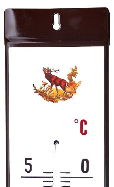 Venkovní teploměr smaltovaný, Hnědobílý 500x95 mm, Troubící jelen