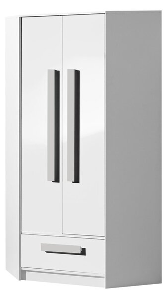 Rohová šatní skříň Raliv RL02, Barva: bílá / bílý lesk, Barva úchytek: šedá 5902928230864
