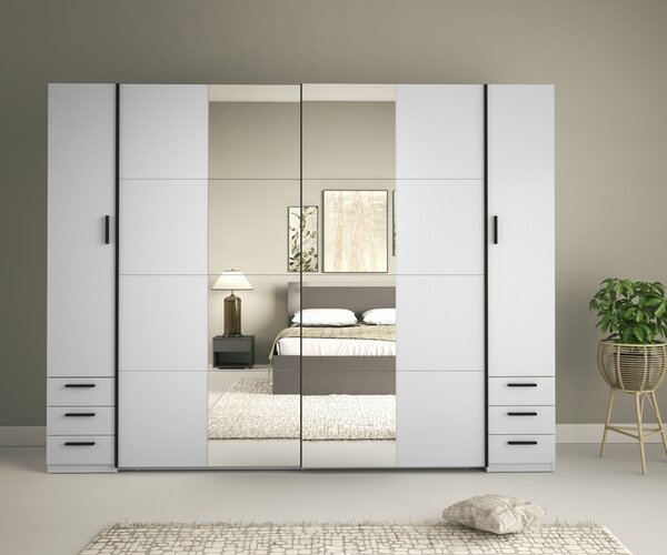 Zrcadlová šatní skříň 270 cm se šuplíky GIRADOT - bílá / černé úchyty