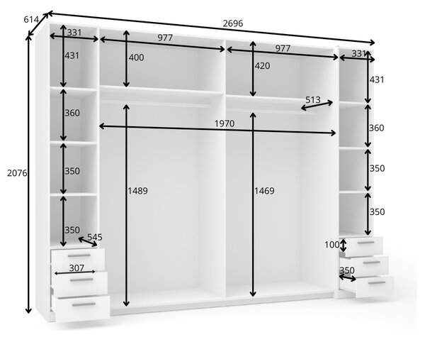 Zrcadlová šatní skříň 270 cm se šuplíky GIRADOT - bílá / černé úchyty