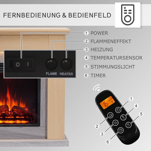 Elektrický krb BALDERIA Pandora – topný výkon až 2000 W, světlý dub