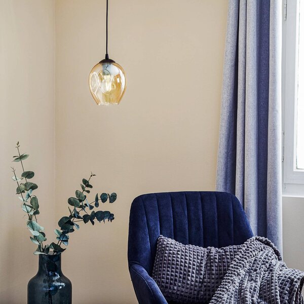 EMIBIG LIGHTING Závěsné světlo Starla jednoplamenné, skleněný stínidlo jantarové, stmívatelný, Černá, Obývací pokoj / jídelna, Sklo, Moderní