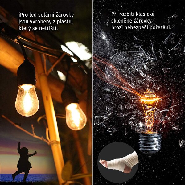 LEDSolar 10 solární řetěz s žárovkami, 10x E27 LED žárovky, iPRO, 6W, teplá barva