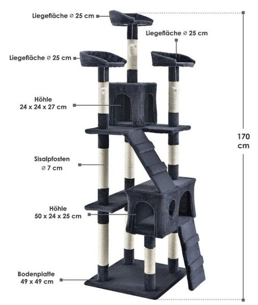 Škrabadlo pro kočky 170 cm s pelíšky, domečky a sloupky