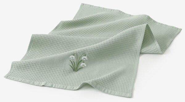 Goldea kuchyňská vaflová utěrka s výšivkou - sněženky na šalvějovém 50 x 70 cm