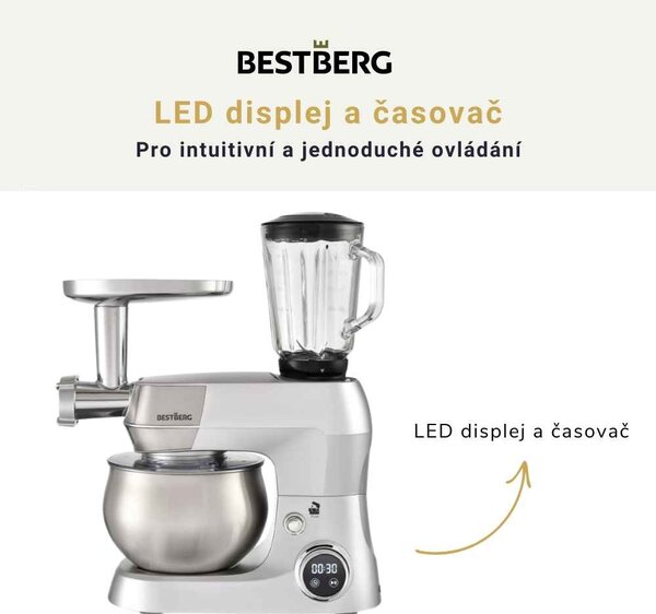 Multifunkční kuchyňský robot BestBerg BBR-1900S / 1900 W / 5 l / 12 rychlostí / stříbrná