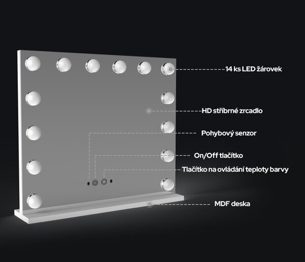 Hollywood zrcadlo s LED žárovkami a MDF základnou bílé