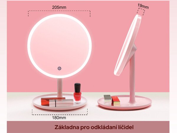 LED kosmetické makeup zrcátko kulaté velké růžové