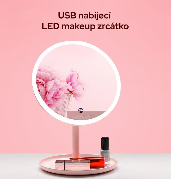 LED kosmetické makeup zrcátko kulaté velké růžové