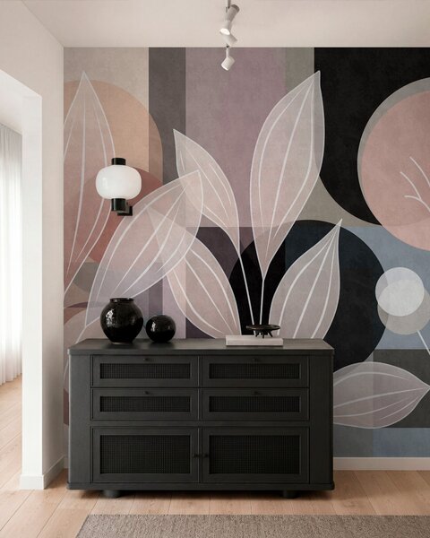 Fototapety stylizované listy na geometrickém pozadí v pudrových a tmavých odstínech, Tapety Unikátní, w05987v1 : uwalls.cz